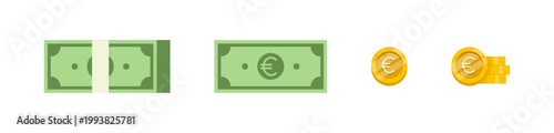 Euro Currency Banknote and Coin Icon Set, Collection of Euro currency illustrations in various forms, money signs, vector illustration, yellow Euro coin, Euro