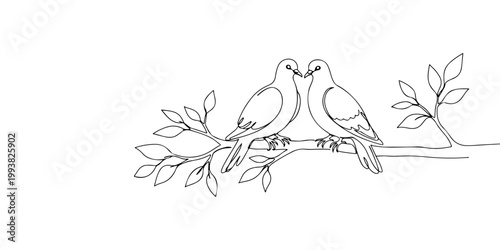 Continuous one line drawing of two doves close together on a tree branch, representing harmony and love after separation, line art style vector illustration.