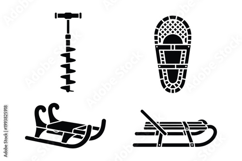 Vintage winter gear and tools icons with snowshoe transport activity
