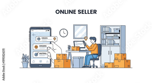 Online seller works at desk managing orders while using smartphone in a home office setting with boxes ready for shipping