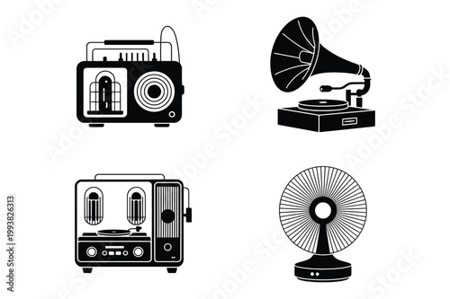 Vintage audio and home appliance icons with appliance gramophone turntable