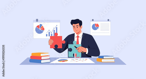 Business worker puts puzzle pieces together while looking at graphs and charts in an office setting