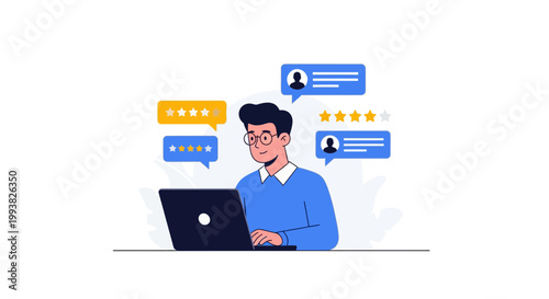 Man sitting at a laptop while reading reviews and giving feedback in a bright online environment during the day