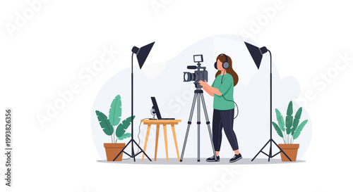 Woman stands by camera on tripod in studio with lights and plants for video recording in indoor space during daylight