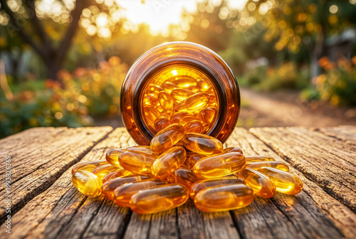 Golden Omega-3 fish oil capsules spilling from glass bottle on rustic wooden table in sun-drenched garden at sunset.