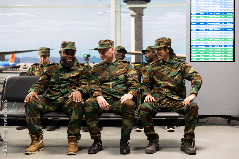 Fototapeta premium Waiting, plane arrival and smiling military team in busy airport lounge. Chatting, airplane departure and cheerful army squad enduring long flight layover in transit hub, passing time