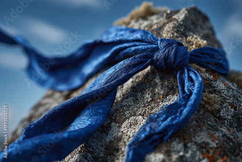 Macro shot of a blue silk prayer scarf (khadag) tied around a weathered stone in Mongolia in June