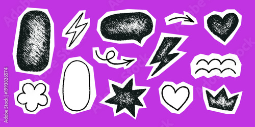 Crayon doodle scrapbook elements. Hand drawn cutout collage stickers. Collage crown, arrow and heart. Paper scrapbook vintage shape with crayon texture. Kid sketch drawing. Vector pencil illustration.