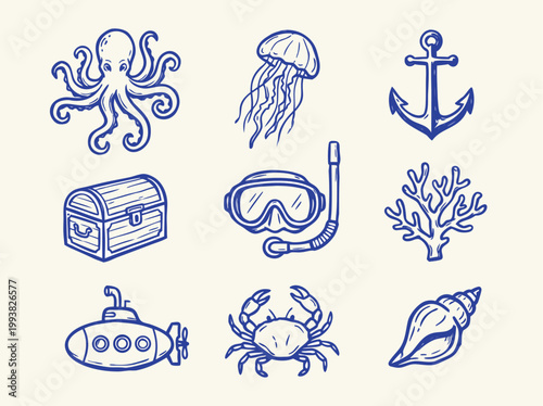 Nautical and Marine Life Icons Set.