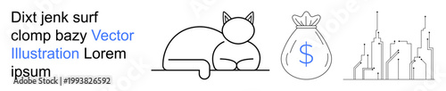 Financial growth, urban living, economic stability, monetary planning, investment strategies, savings. A line art of a cat, a money bag and a city skyline. Financial growth and urban living concepts