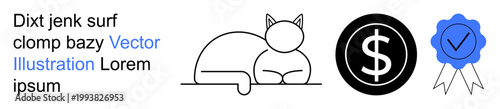 Finance, certification, pet , online services, trust, validation. A cat outline, dollar symbol and blue badge with a checkmark. Finance and certification concept