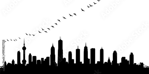 City skyline silhouette with skyscrapers and birds in flight against white background
