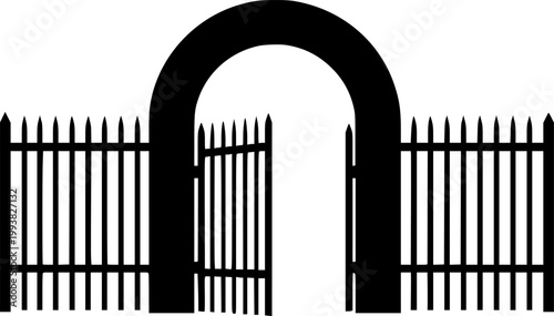 Minimalist black silhouette of a gated archway with pointed fence bars, flat design

