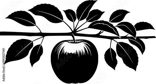 Black silhouette of an apple on a branch with leaves against a white background
