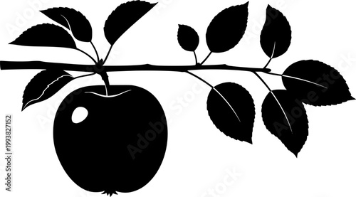 Black silhouette of an apple on a branch with leaves against a white background
