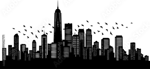 City skyline silhouette with skyscrapers and birds in flight against white background
