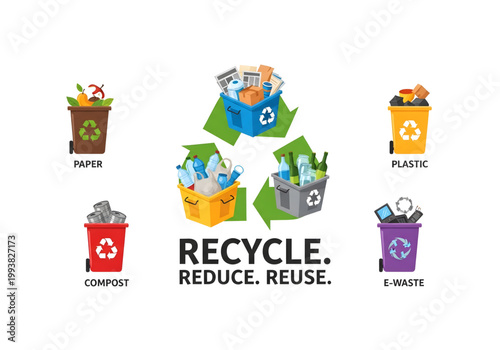 Recycle reduce reuse waste bins collection set png on transparent background