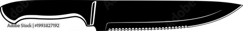Black silhouette of a flat, serrated knife with handle
