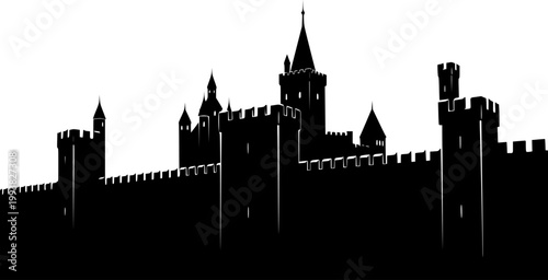 Black silhouette of Tower Bridge with suspension bridge and castle towers against a white background
