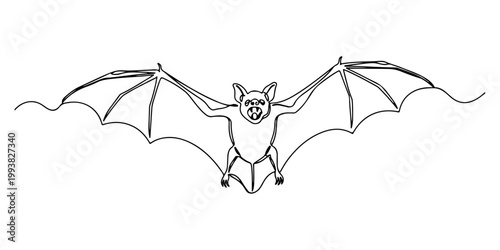 Continuous one line drawing of a flying bat with its wings spread wide, depicting a Halloween night creature. Line art style vector illustration.