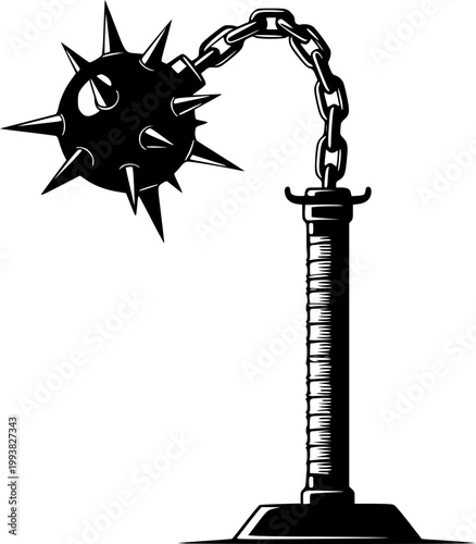 Black silhouette of a spiked medieval flail on a stand against a white background
