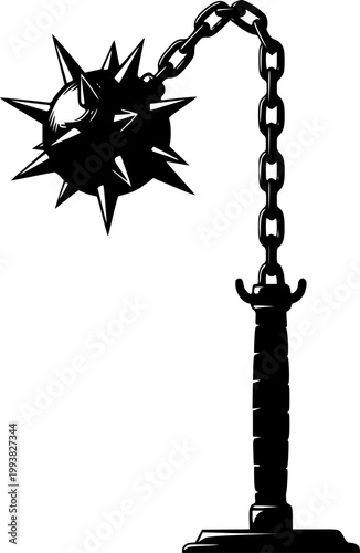Black silhouette of a spiked medieval flail on a stand against a white background
