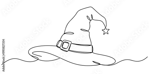 Continuous one-line drawing of a witch's hat with a small star, depicting an iconic Halloween accessory. Line art style vector illustration.