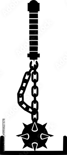 Black silhouette of a spiked medieval flail on a stand against a white background
