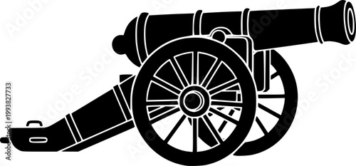 Black silhouette of a historic cannon on wheels against a white background, simple flat design
