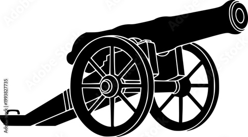 Black silhouette of a historic cannon on wheels against a white background, simple flat design
