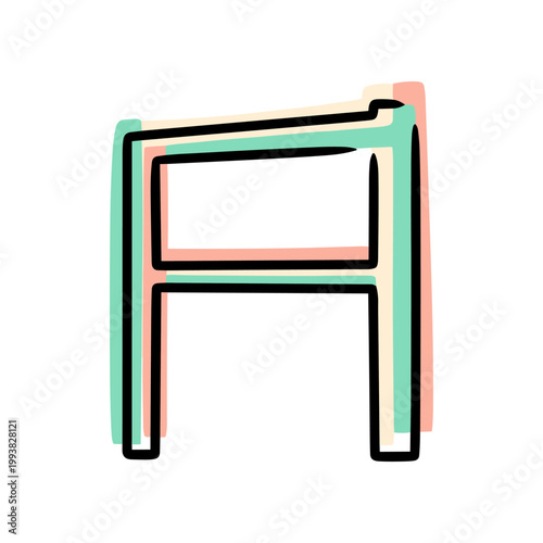 Hand-drawn letter A in pastel colors with black outline, minimalist, graphic design element.