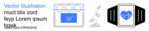 E-commerce, fintech, health tracking, smart technologies, wearables, digital payment. Shopping cart icon, coins falling smartwatch with heart monitor. E-commerce and fintech concept