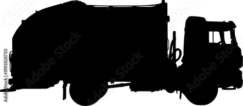 Black silhouette of a garbage truck against a isolated on white background
