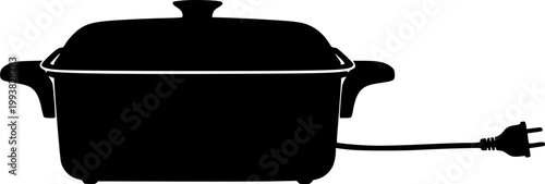 Black silhouette of electric baking dish with plug isolated on white background
