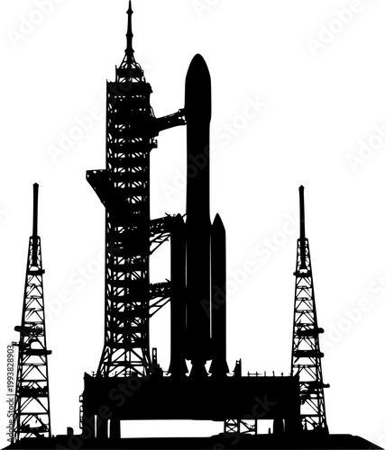 Black silhouette of a rocket on a launchpad with a tower structure isolated on white background
