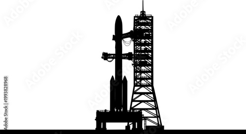 Black silhouette of a rocket on a launchpad with a tower structure isolated on white background
