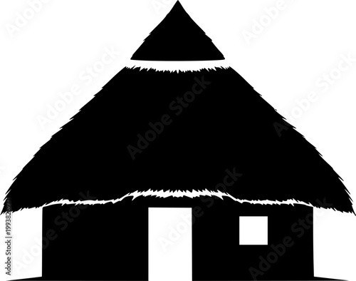 Minimalist black silhouette of a traditional thatched roof hut with a door and window isolated on white background
