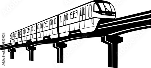 Monorail train on elevated track silhouette isolated on white background
