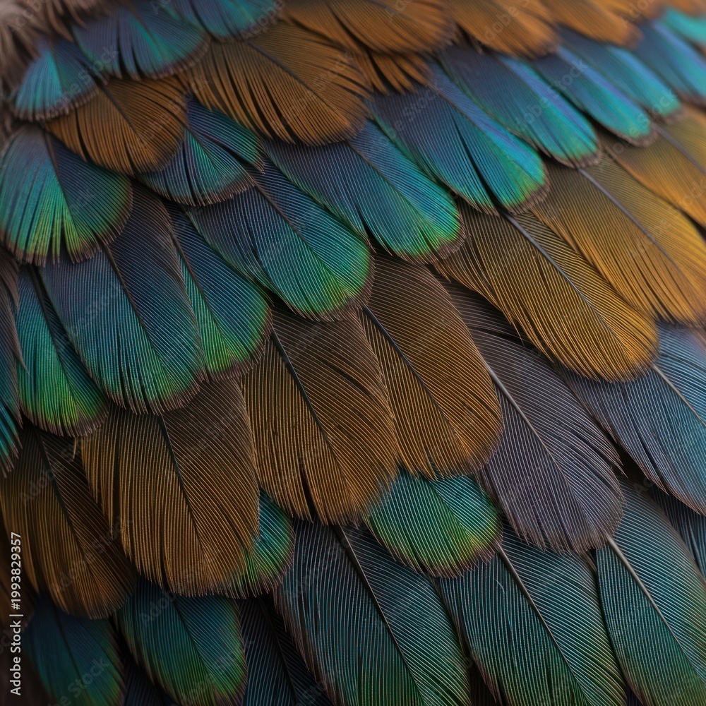Fototapeta premium Close-up macro shot of iridescent parrot feathers showing intricate patterns and vibrant colors.