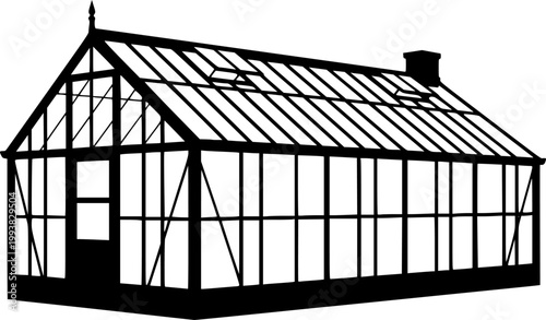 Black silhouette of a traditional greenhouse with glass panels and a chimney against a isolated on white background
