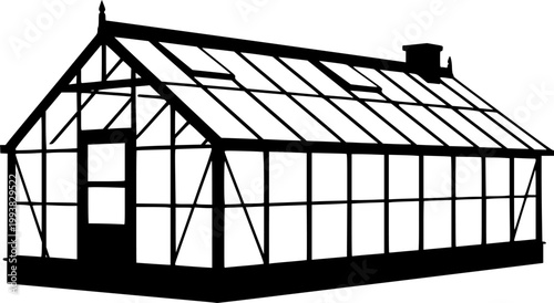 Black silhouette of a traditional greenhouse with glass panels and a chimney against a isolated on white background
