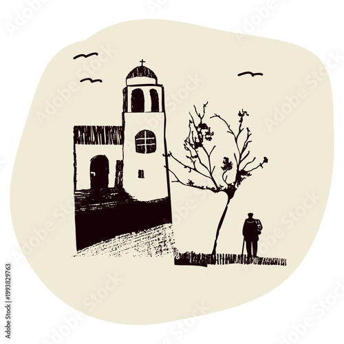 Sketch of pilgrims way little church on the hill. Village chapel style with christian cross. For Canterbury pilgrims way or Camino pilgrimage. Simple sketched faith based sanctuary illustration logo