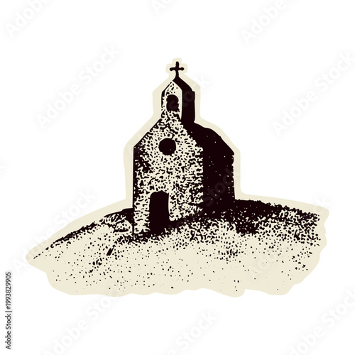 Set of pilgrims way little church on hill bell tower. Medieval village chapel with christian cross. For Canterbury or Camino pilgrimage. Simple sketched faith based sanctuary sunday worship collection