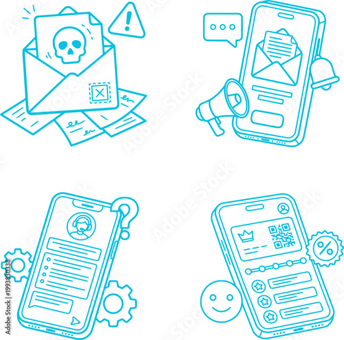 Mobile Notifications and Cyber Security Line Icons Set with Spam Warning and User Support