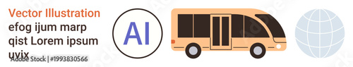 Artificial intelligence, autonomous vehicles, public transport, connectivity, smart mobility, and automation. Orange minibus, AI icon and globe symbol. Autonomous vehicles and connectivity concept