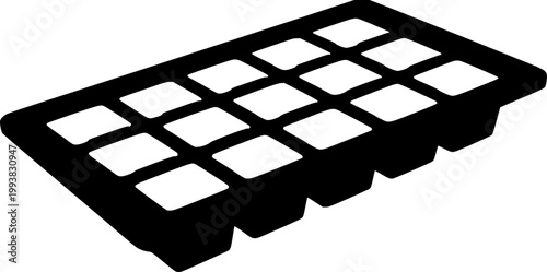 Silhouette of a black ice cube tray with 16 square cavities on a isolated on white background
