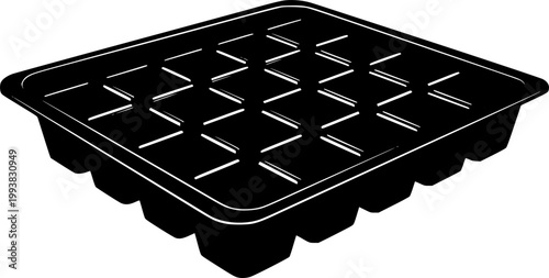 Silhouette of a black ice cube tray with 16 square cavities on a isolated on white background
