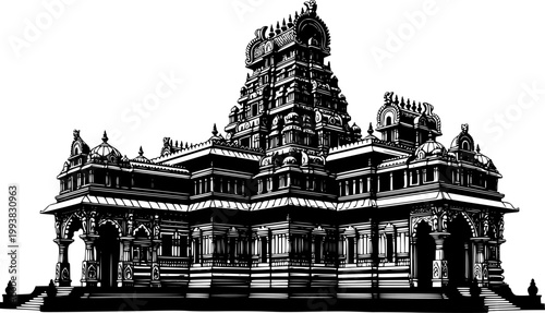 Ornate Indian temple building silhouette in black and white isolated on white background
