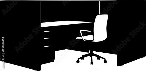 Office cubicle with desk and chair silhouette isolated on white background
