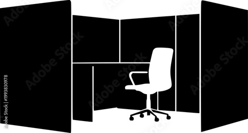 Office cubicle with desk and chair silhouette isolated on white background
